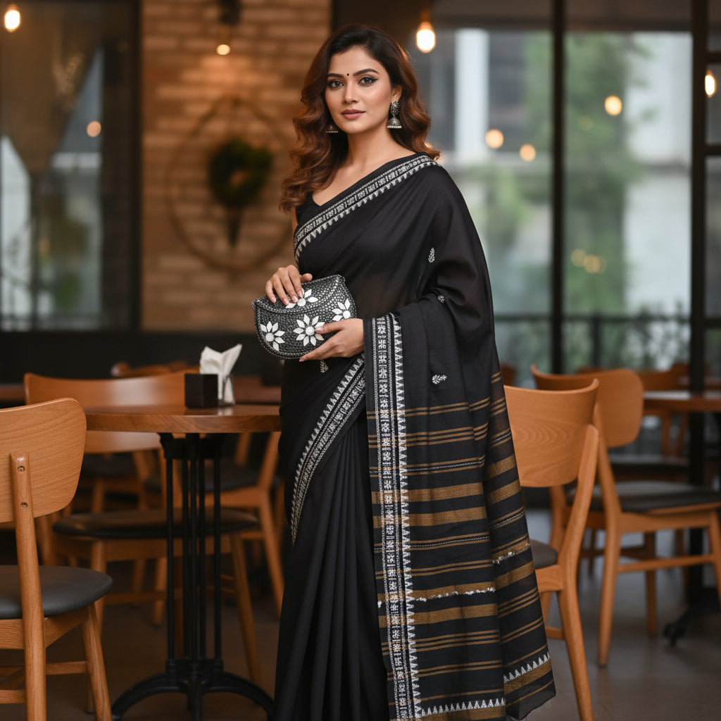 Black saree white floral temple border