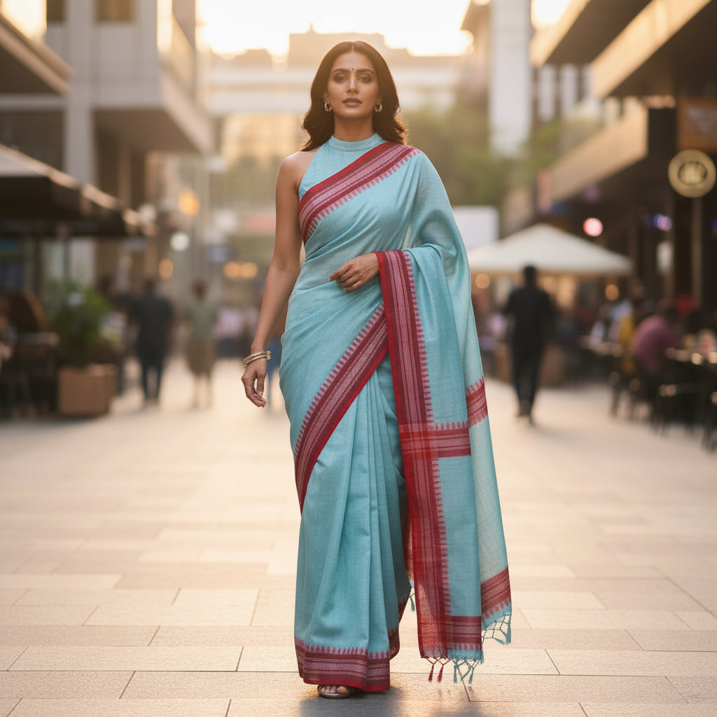 Blue Cotton Office Wear Saree - Soft Floral Border