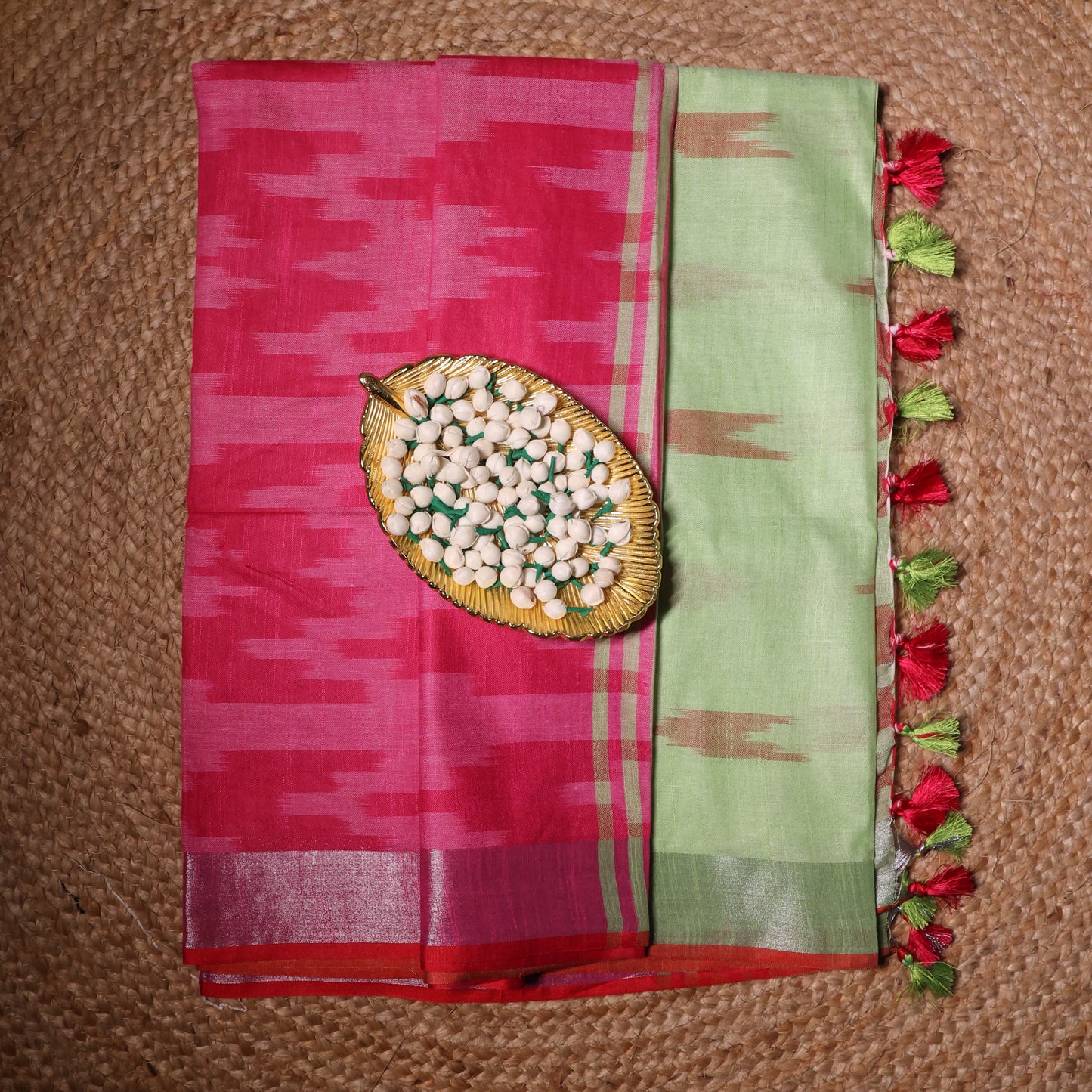 Green-pink Semi Tussar Ikkat Saree