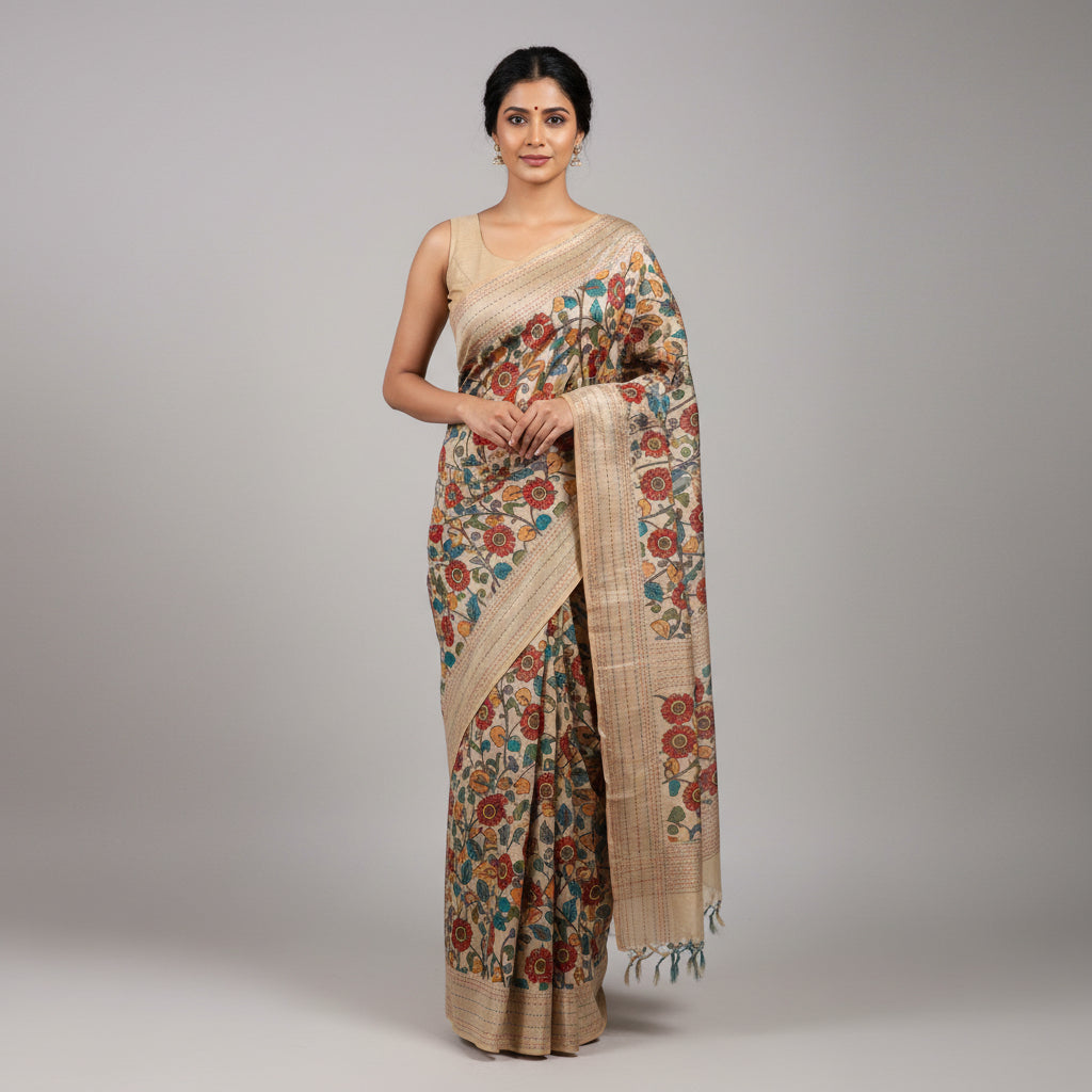 Beige-Teal Gicha Silk Kalamkari Workwear Saree