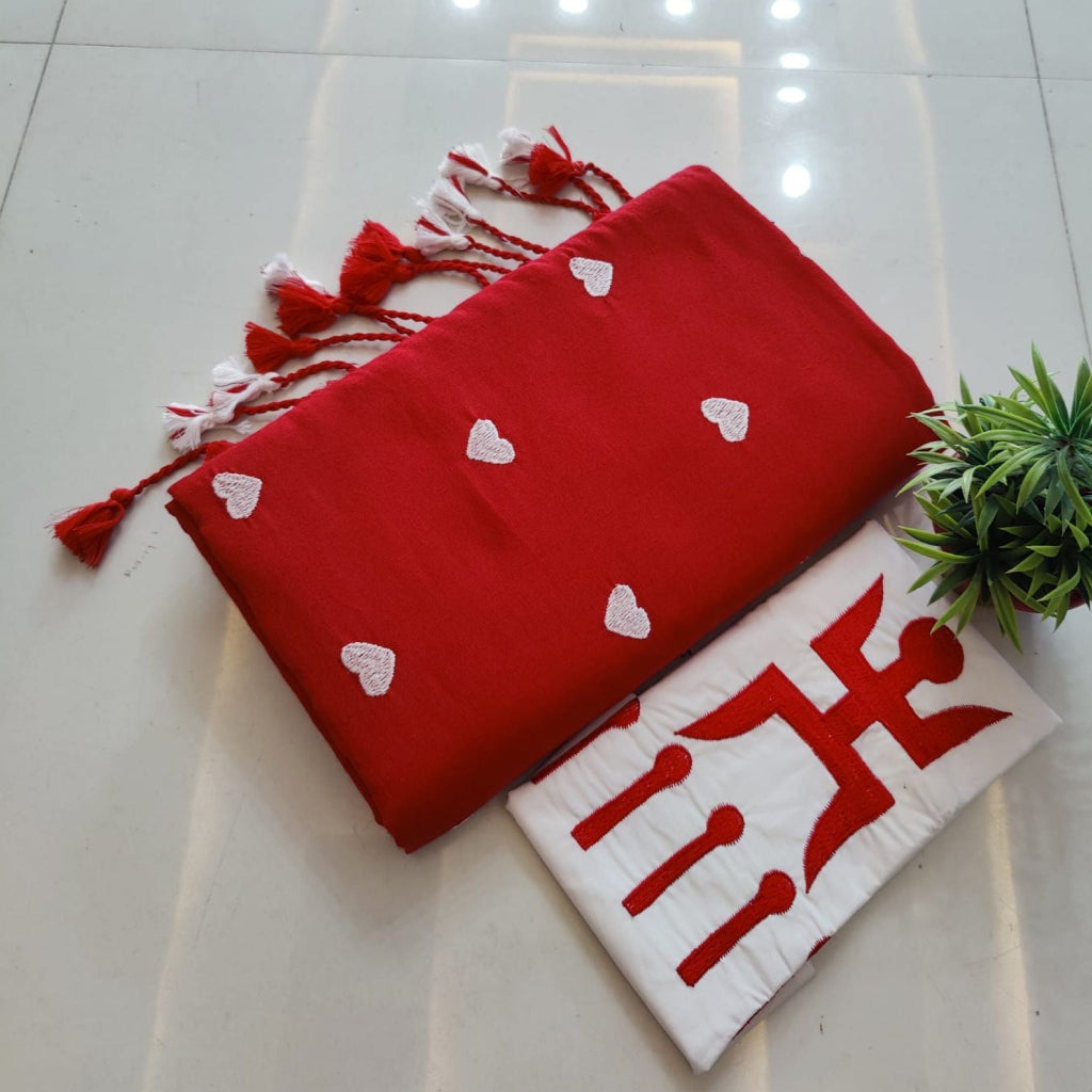 Red Heart Print Khadi Saree