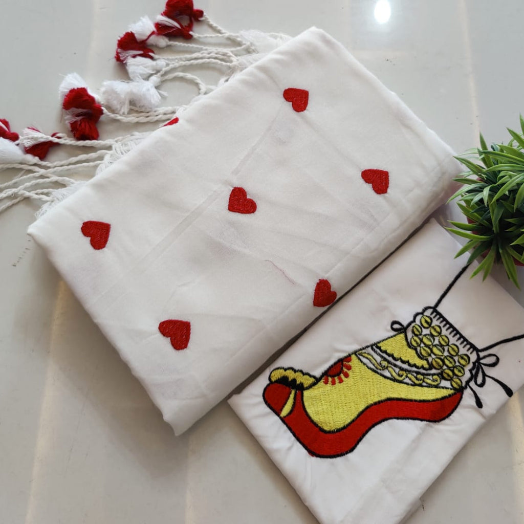 White Heart Print Khadi Saree