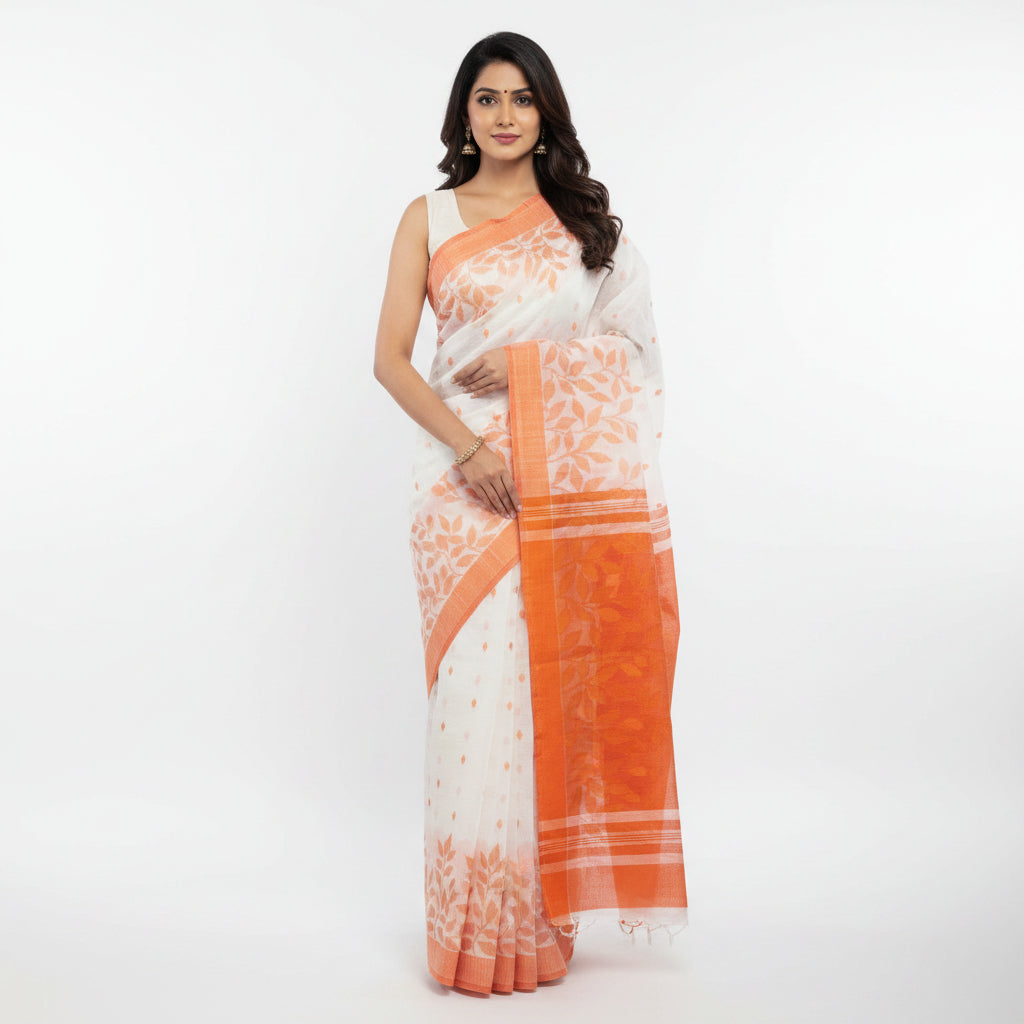 Orange-white Cotton Jamdani Saree