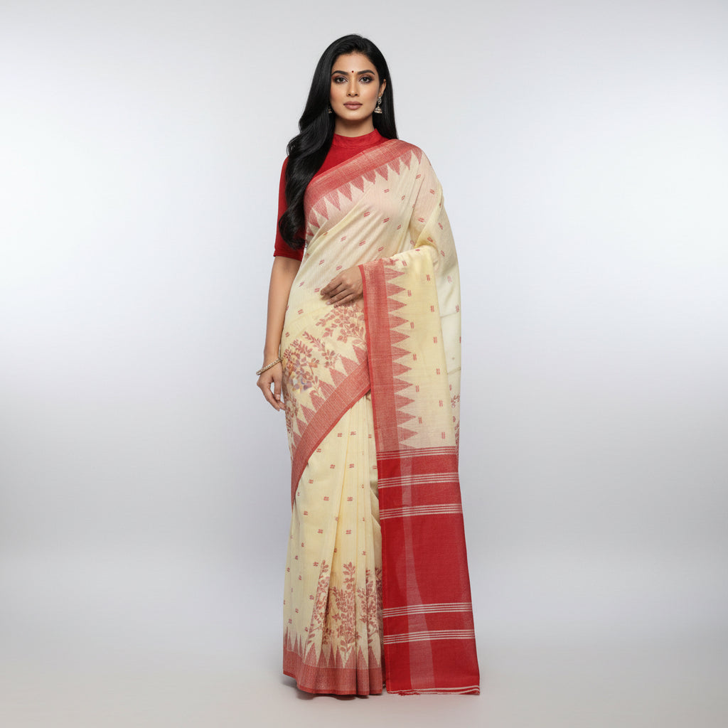 Beige-Red Cotton Jamdani Saree