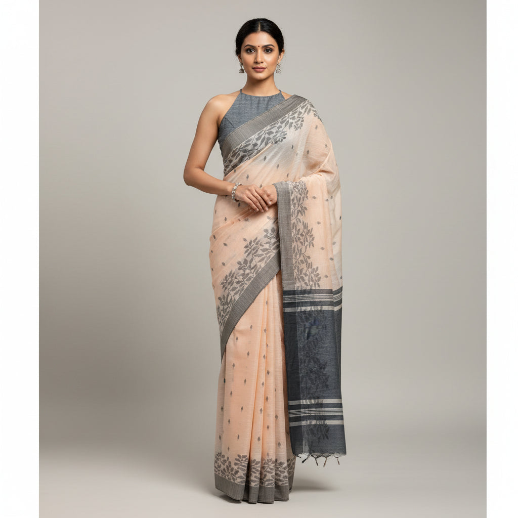 Peach-Grey Cotton Jamdani Saree