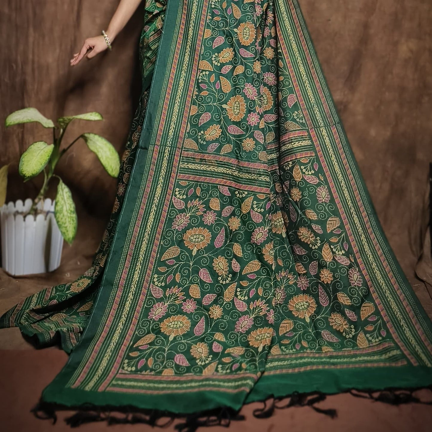 Green Kantha Print Saree