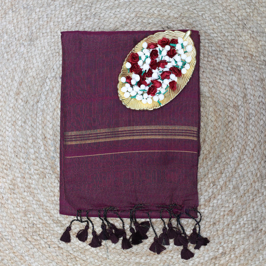 Burgundy zari mul khadi cotton