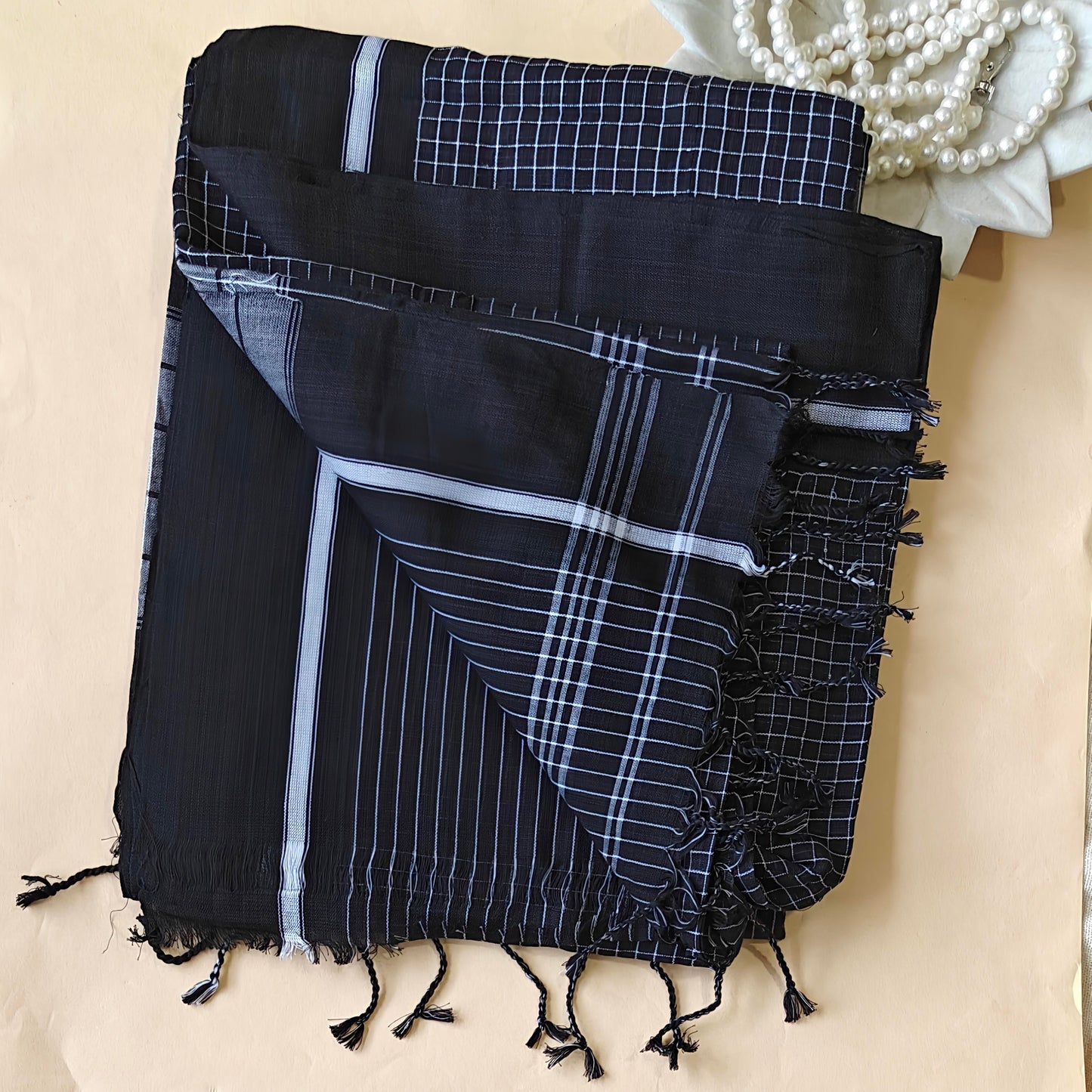 Black Cotton Check Workwear Saree