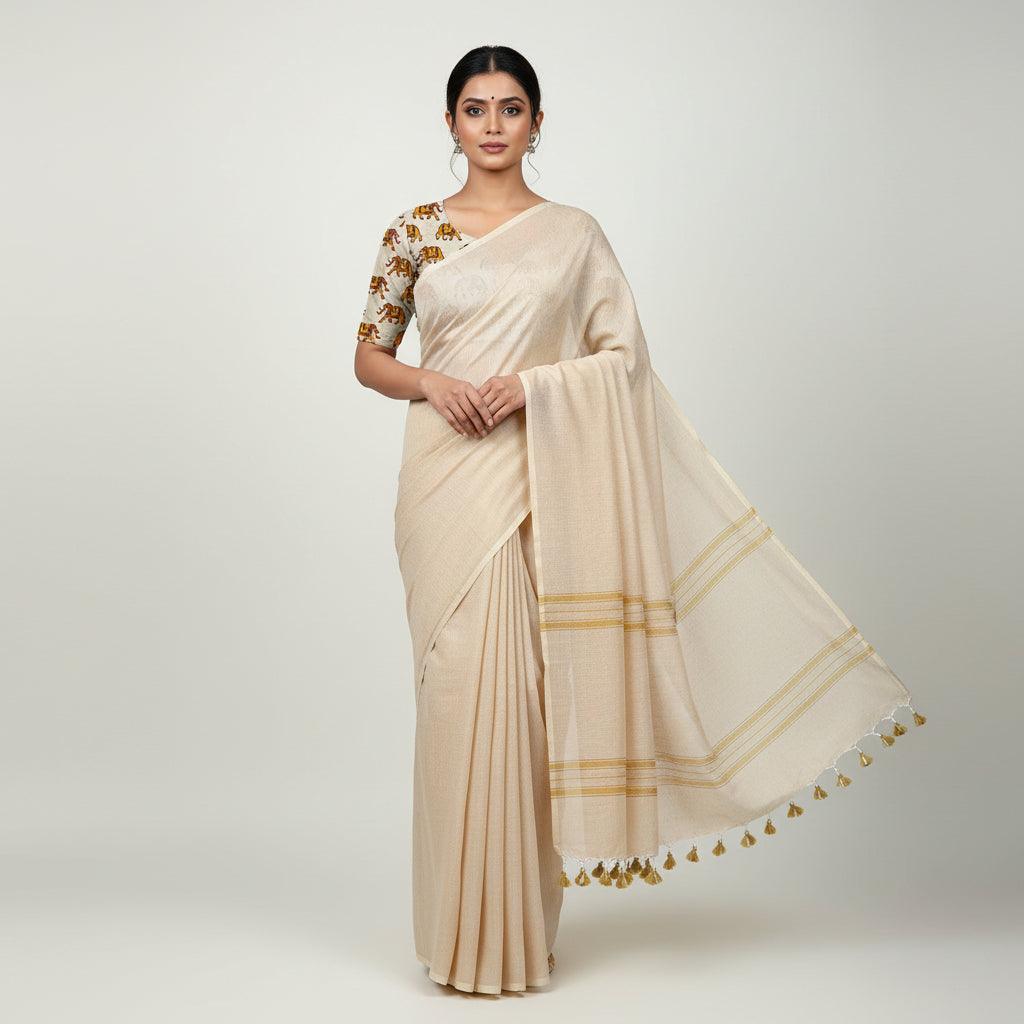 Beige Plain Mul Cotton Workwear Saree