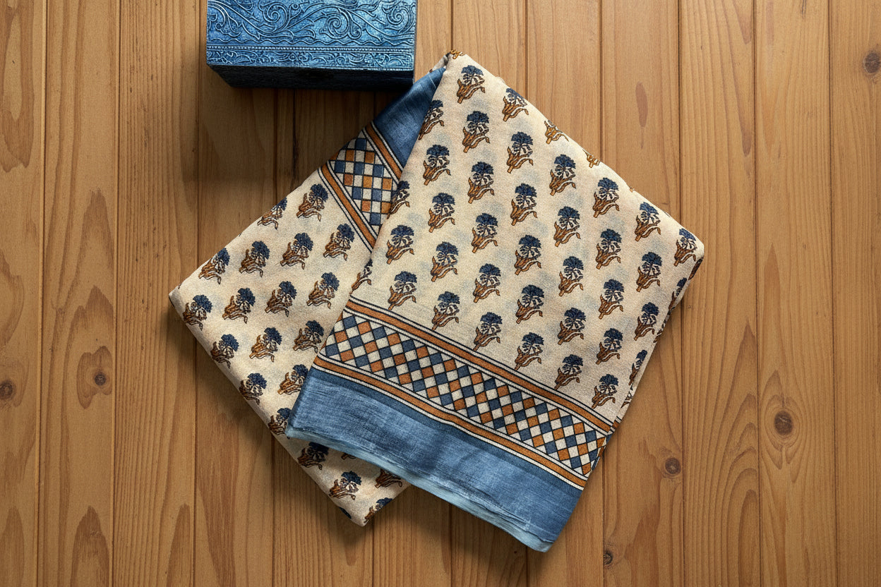 Beige Cotton Linen Workwear Saree