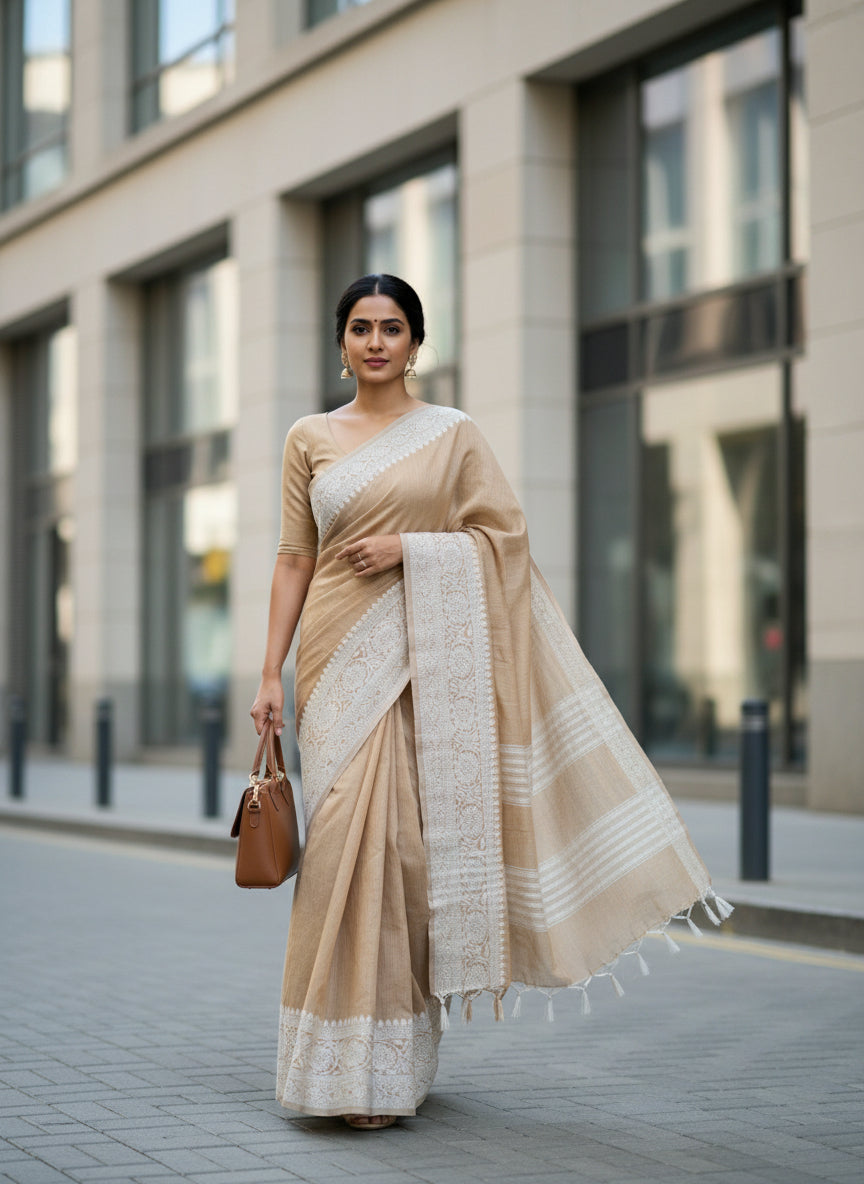 Beige Khadi Cotton Workwear Saree