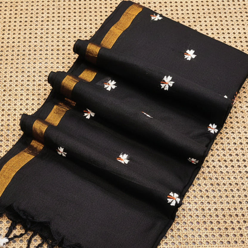 Parijat Black Khadi Cotton Saree