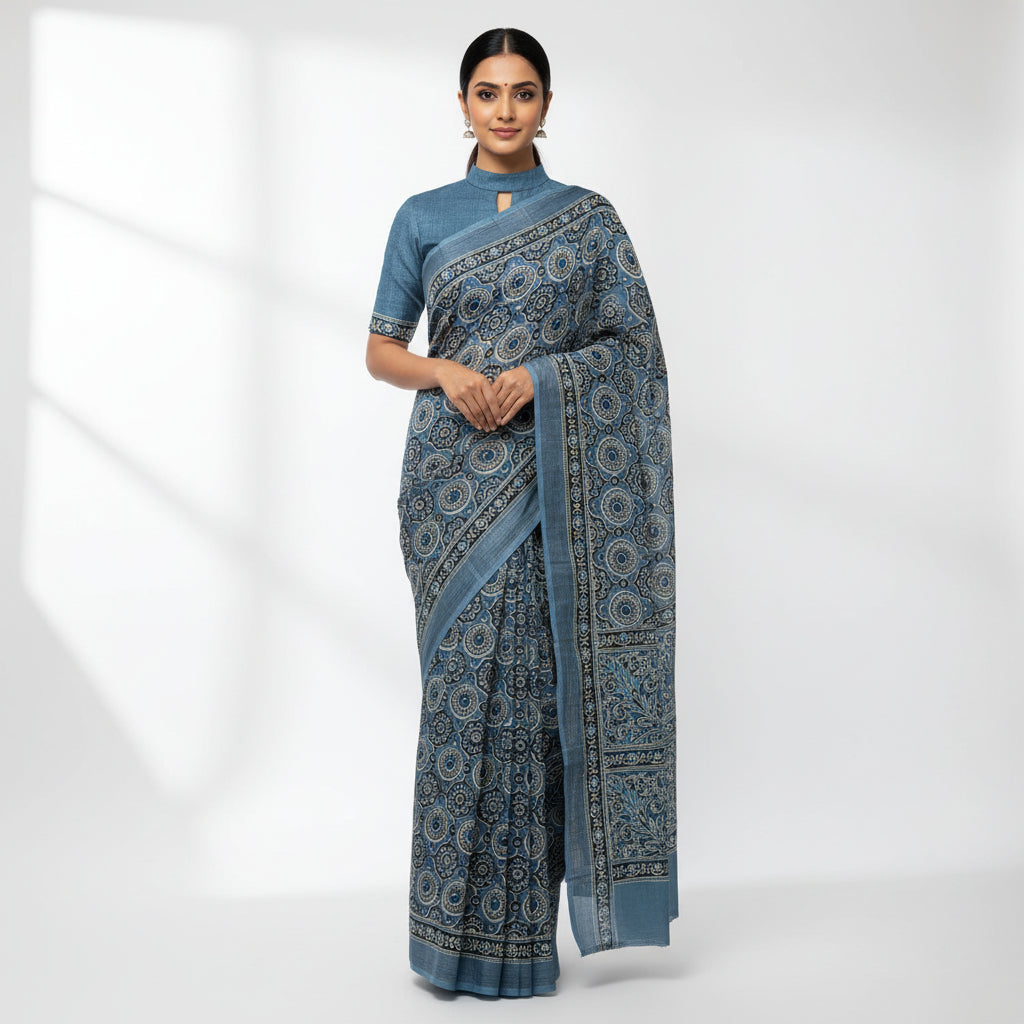 Blue Ajrak Cotton Linen Workwear Saree