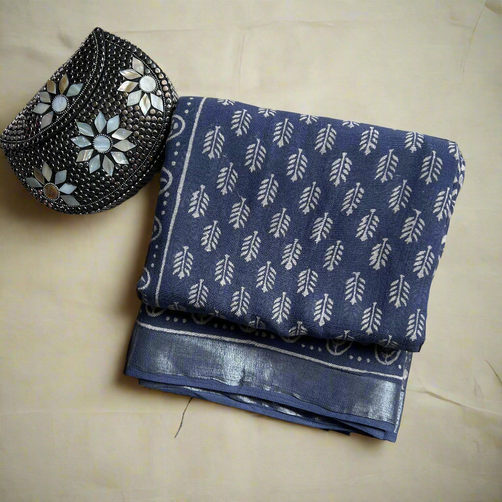 Blue linen cotton leaf print