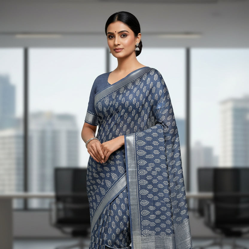 Blue Cotton Linen Workwear Saree