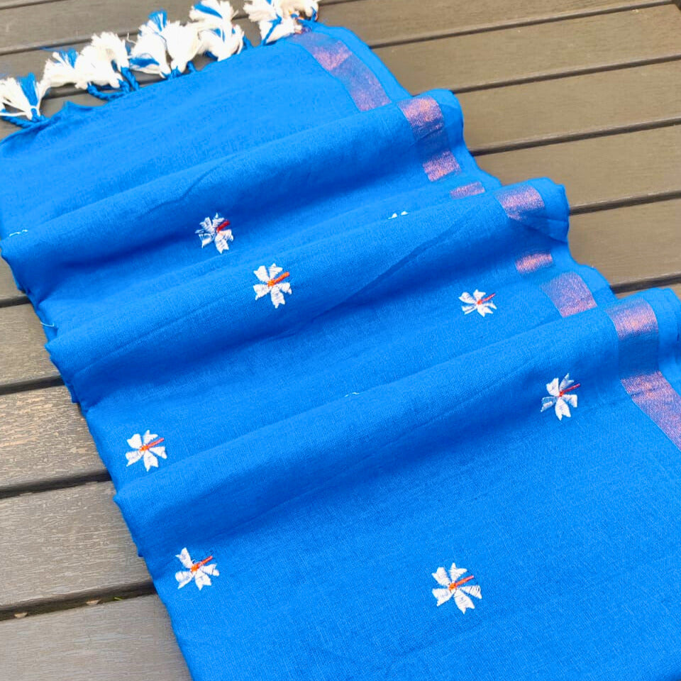 Parijat Blue Khadi Cotton Saree