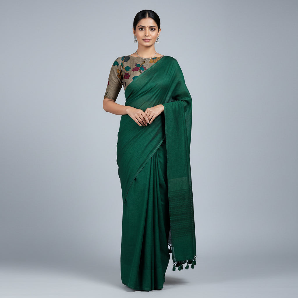 Green Plain Mul Cotton Workwear Saree