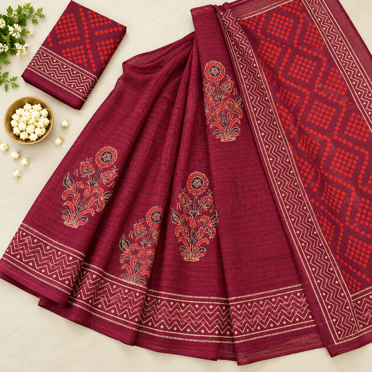 maroon kota doria saree