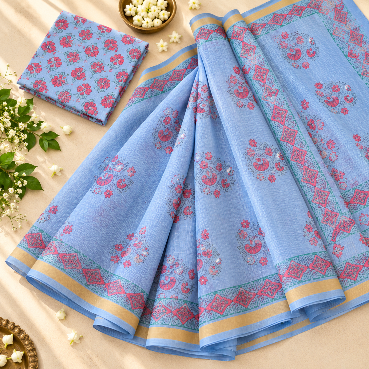 Sky blue kota doria saree