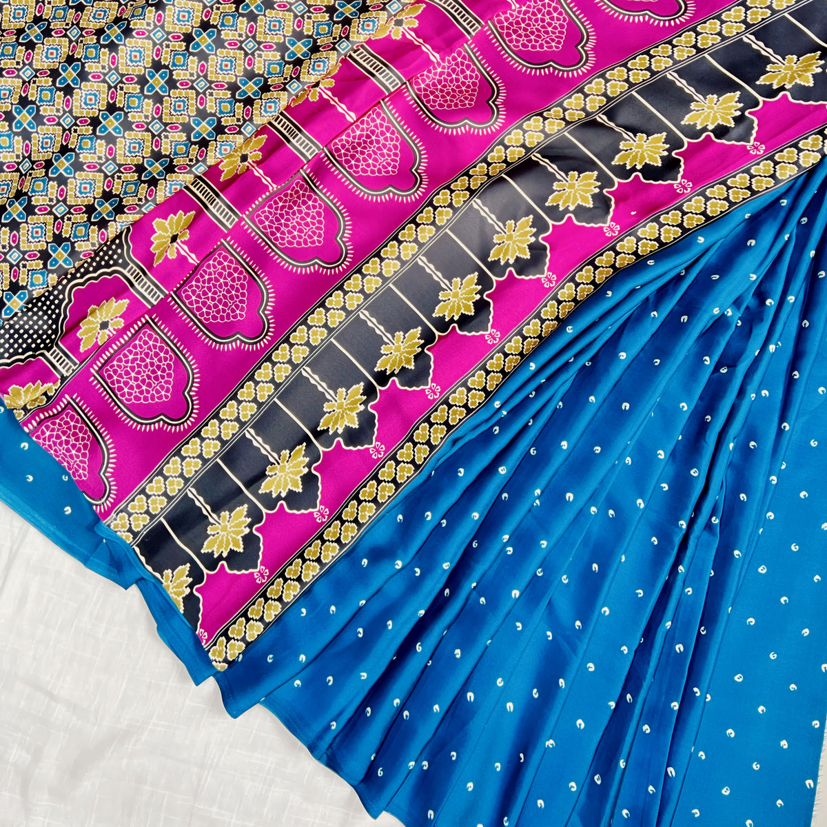 Blue Ajrak Bandhani Saree
