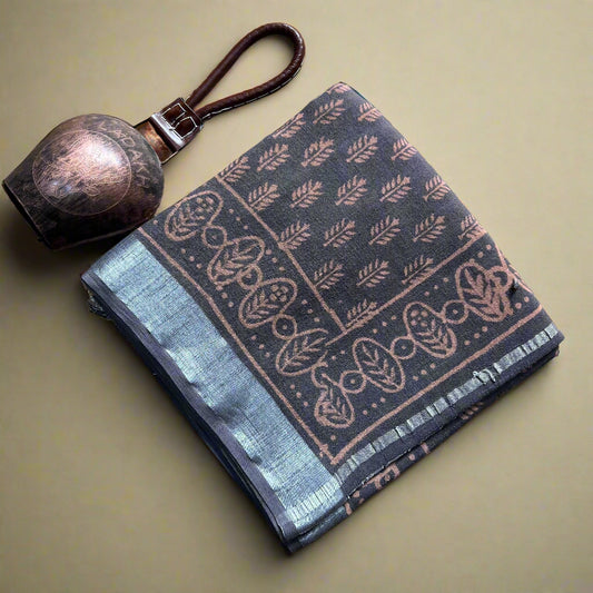 Grey brown linen cotton leaf print