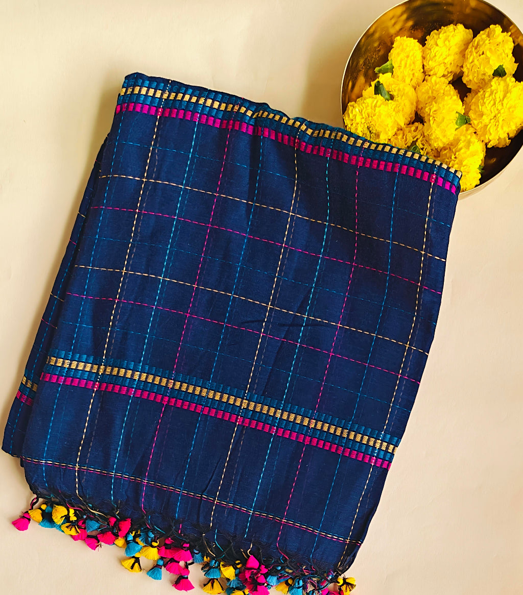 Blue Rainbow Checks Cotton Saree