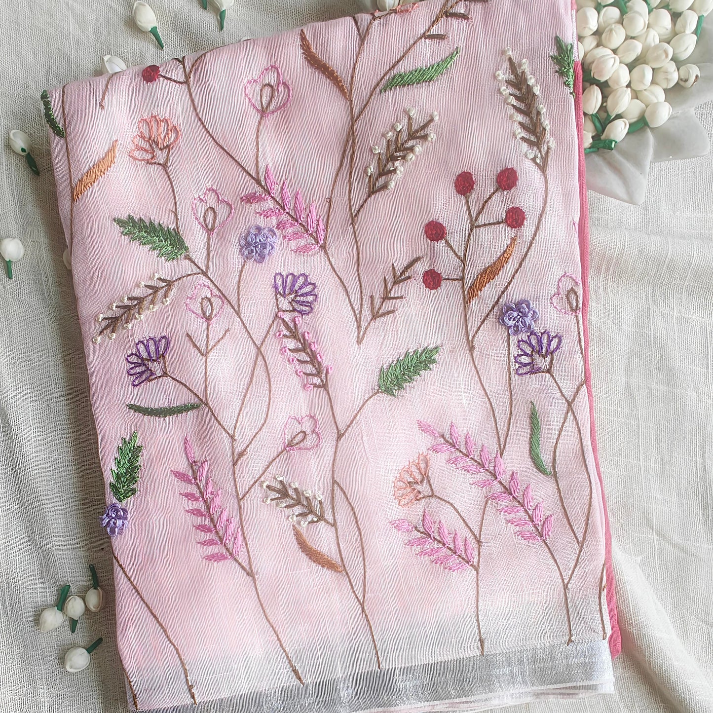 Baby Pink Linen Hand Embroidered Workwear Saree