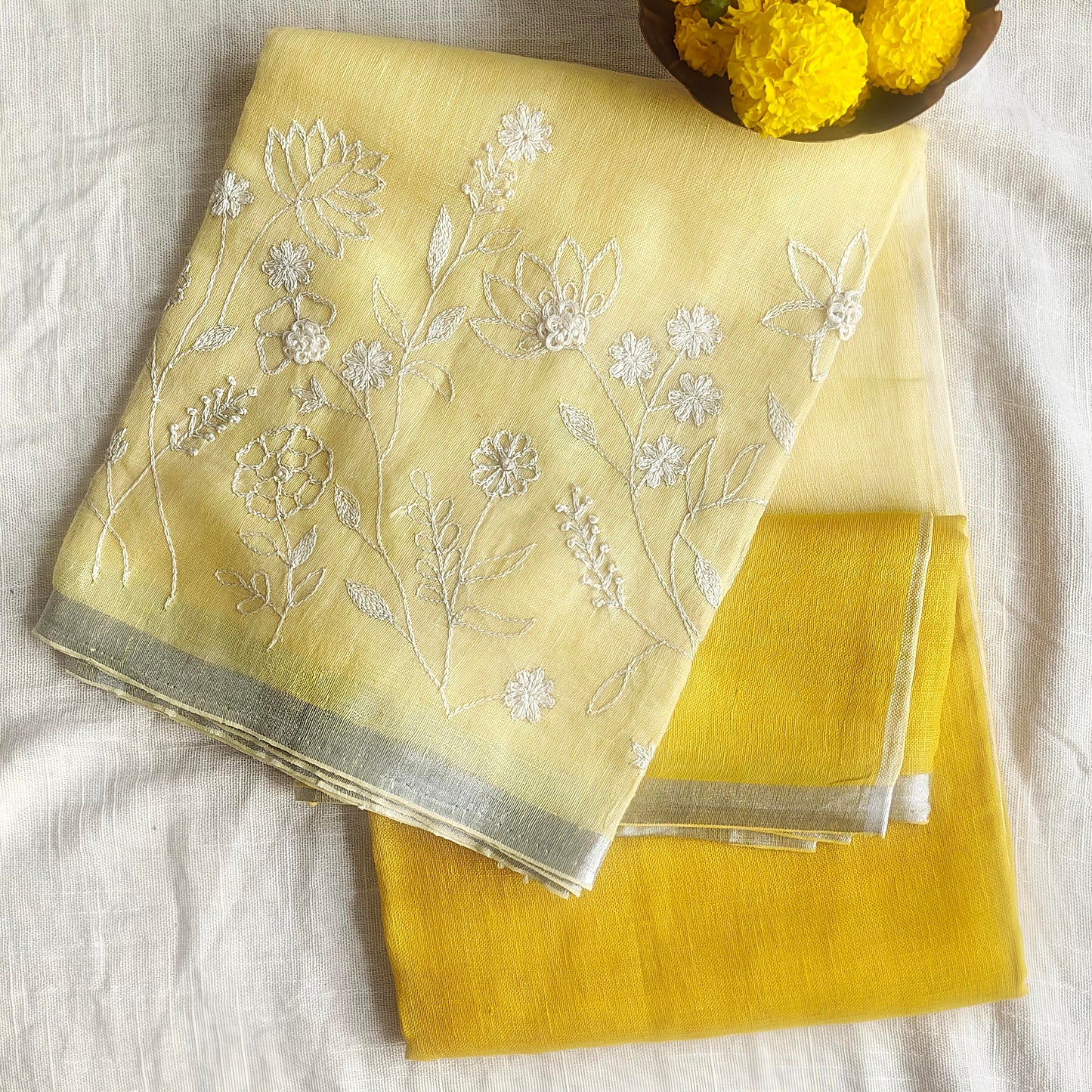 Yellow Linen Hand Embroidered Workwear Saree