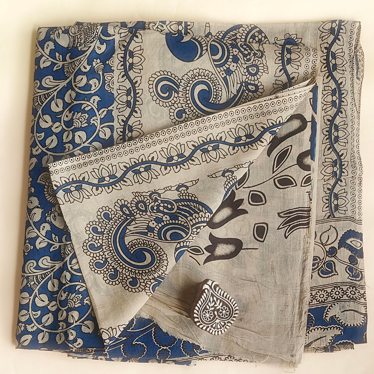 Navy-blue Soft Cotton Kalamkari Saree