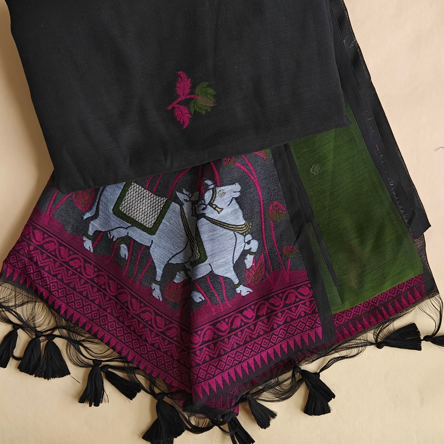 Black Muga Cotton Silk Pichwai Workwear Saree