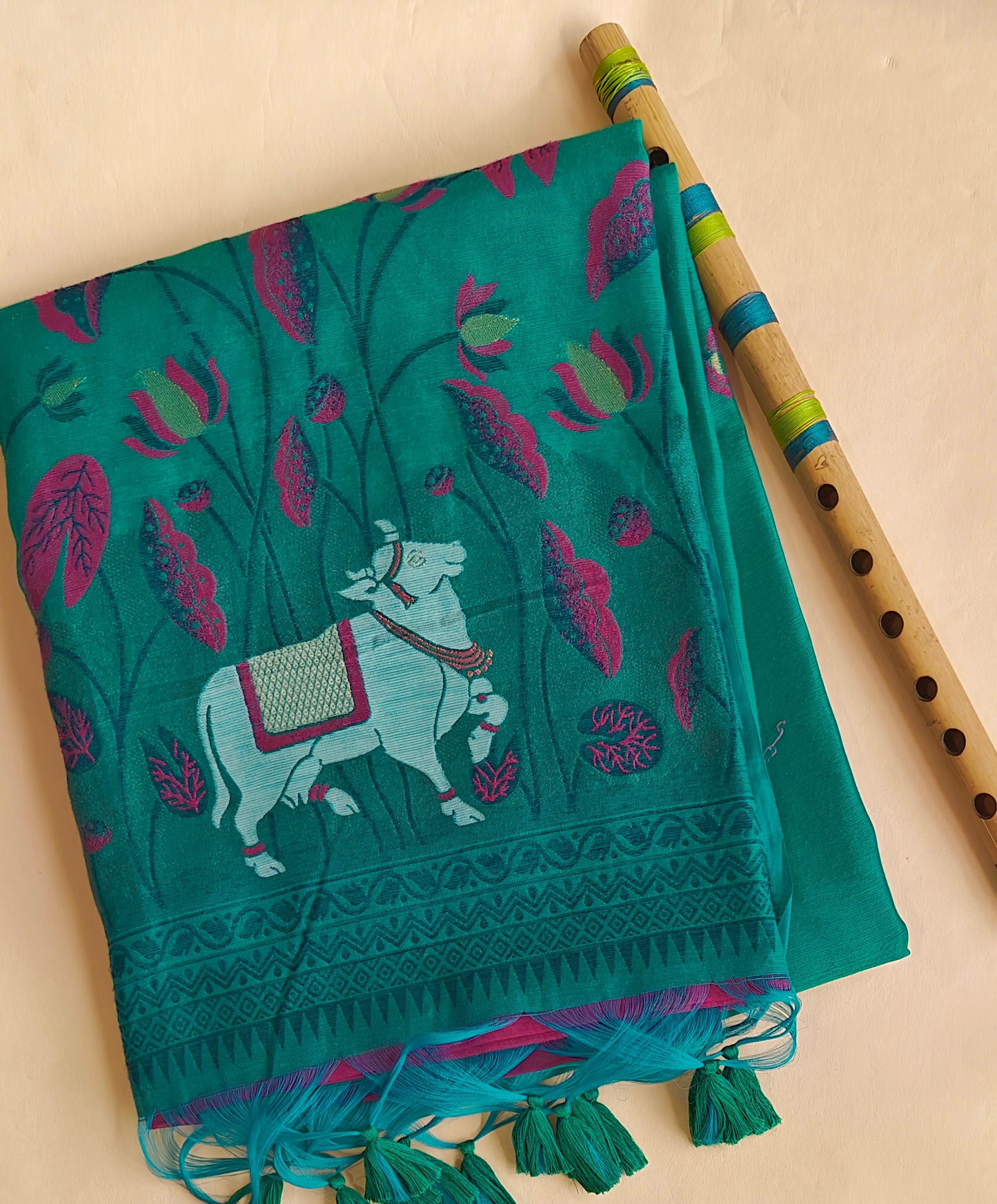 Green Muga Cotton Silk Pichwai Workwear Saree