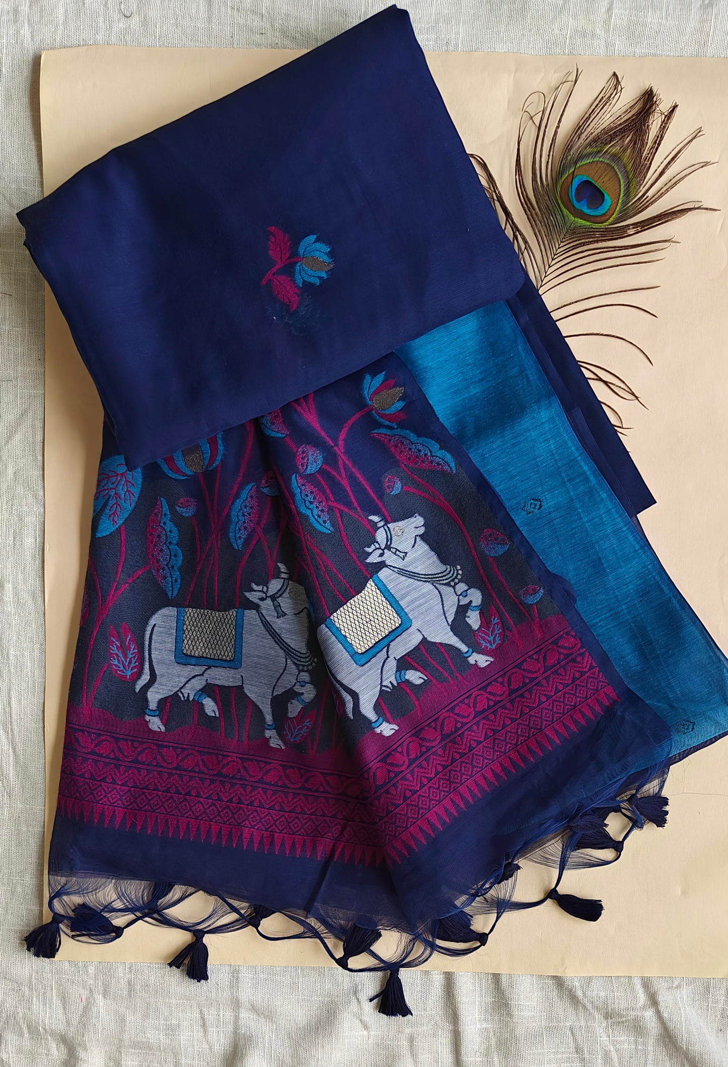 Blue Muga Cotton Silk Pichwai Workwear Saree