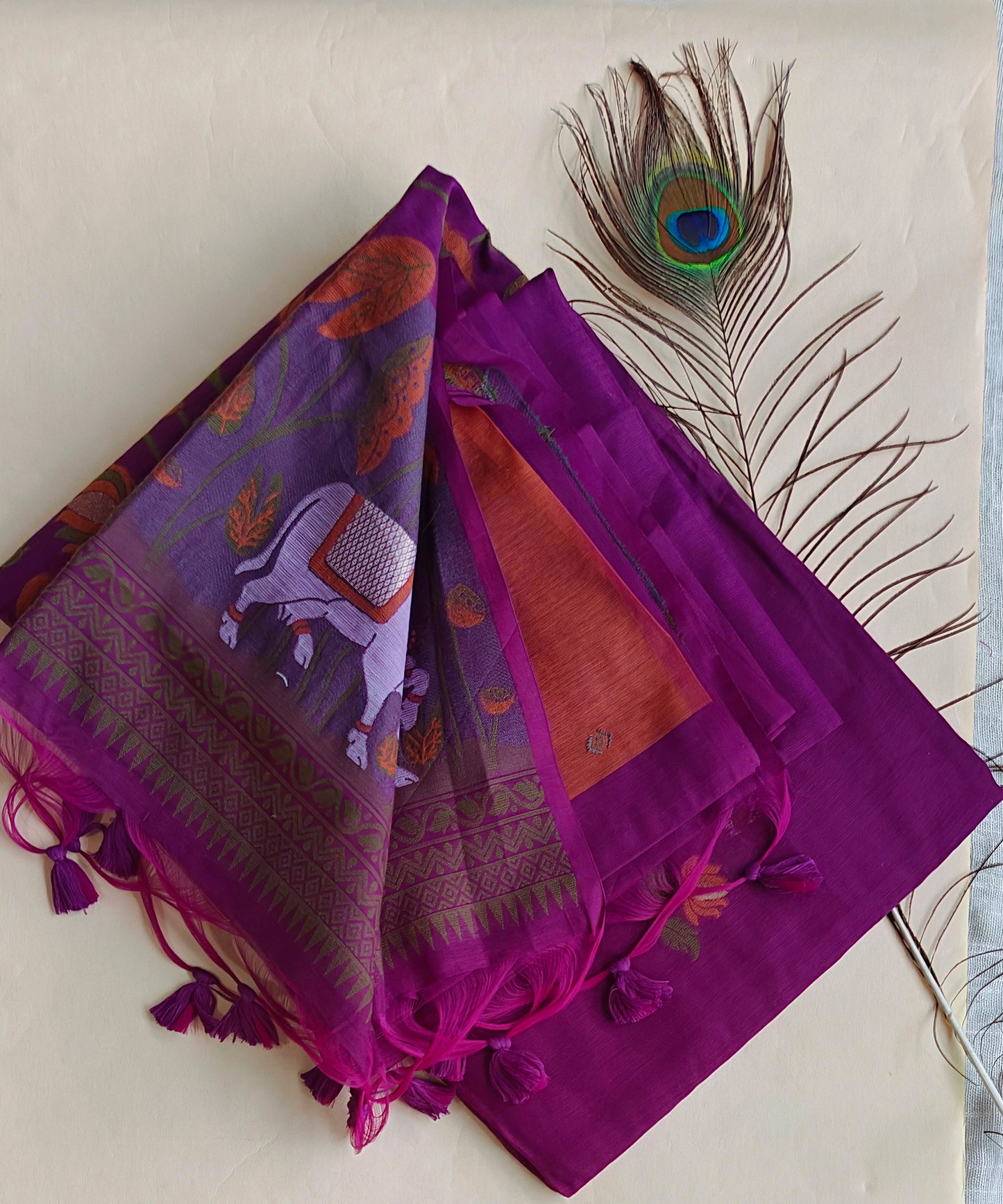 Purple Muga Cotton Silk Pichwai Workwear Saree