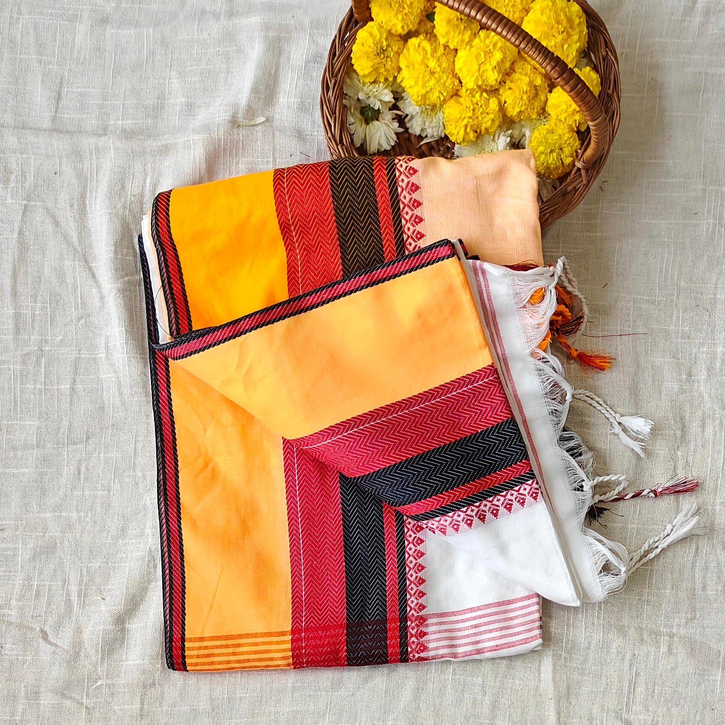 White Cotton Saree Bold Red Border