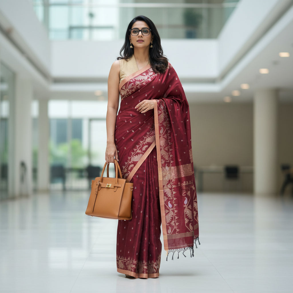 Red saree with white patterns on a white floor