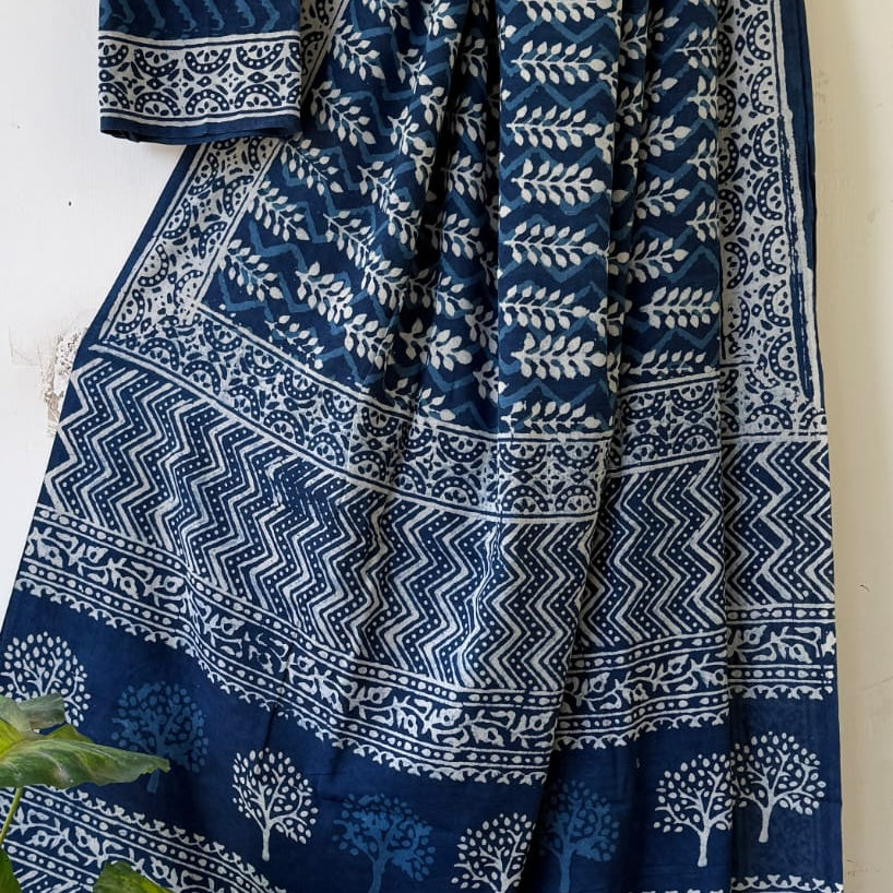 Navy blue fabric with white patterns draped over a surface