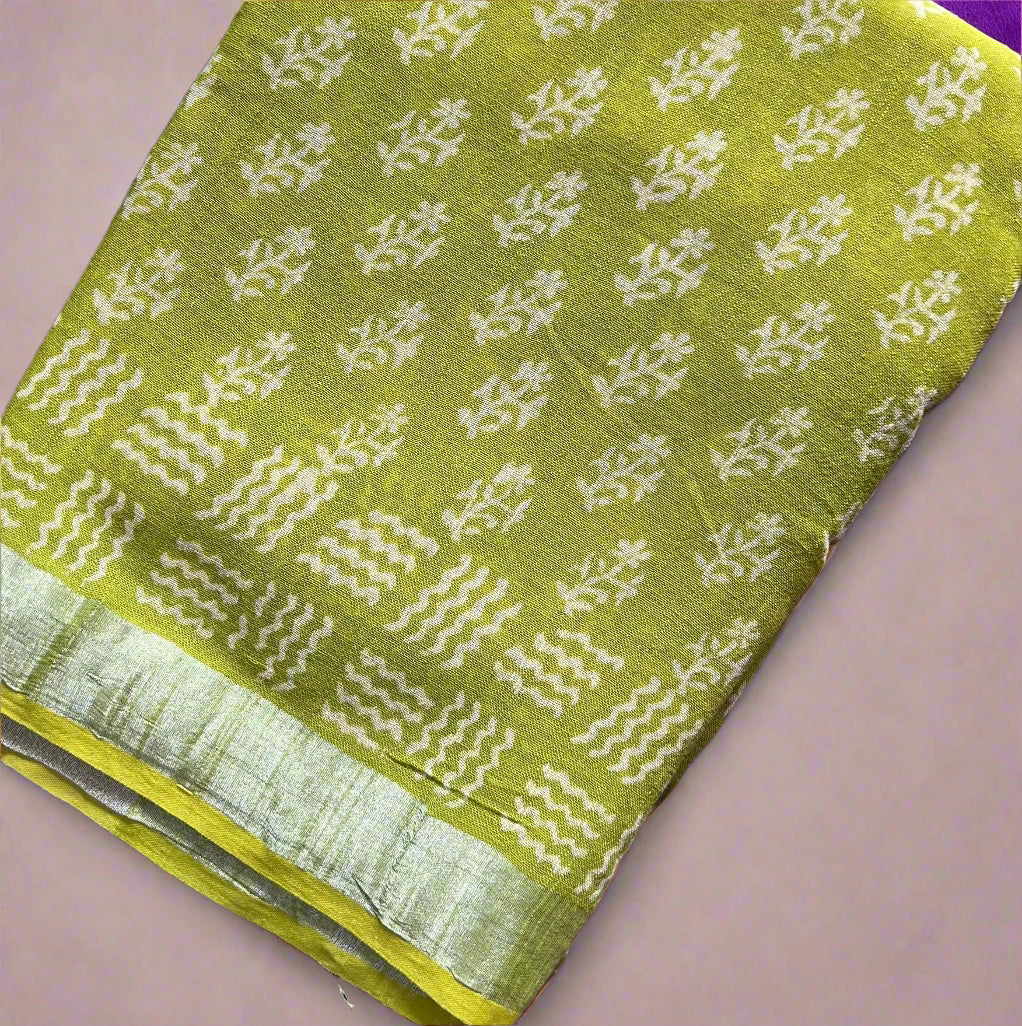 Lime green linen cotton leaf print