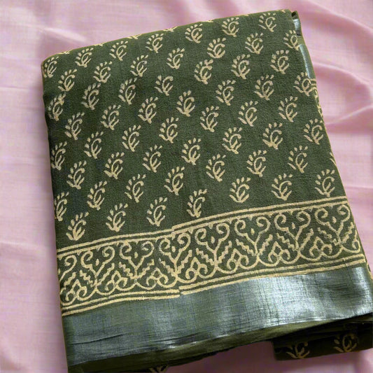 Mehndi green linen cotton kairi print