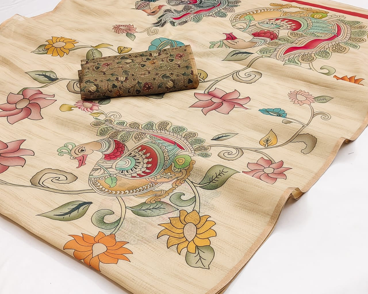 Beige Kalamkari Muga Cotton Silk Workwear Saree