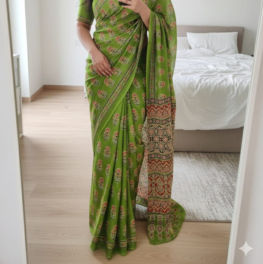 Green Handblock Mul Cotton Workwear Saree