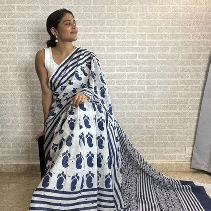 Indigo Mul Cotton Workwear Saree