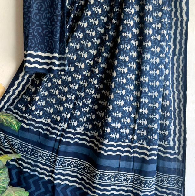 Indigo Motifs Mul Cotton Workwear Saree