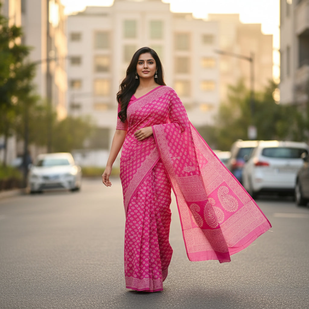 Pink Floral Mul Cotton Workwear Saree