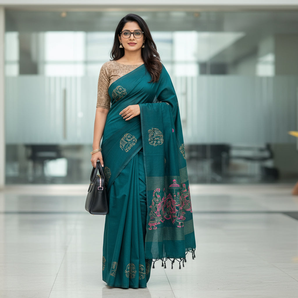 Teal blue printed cotton