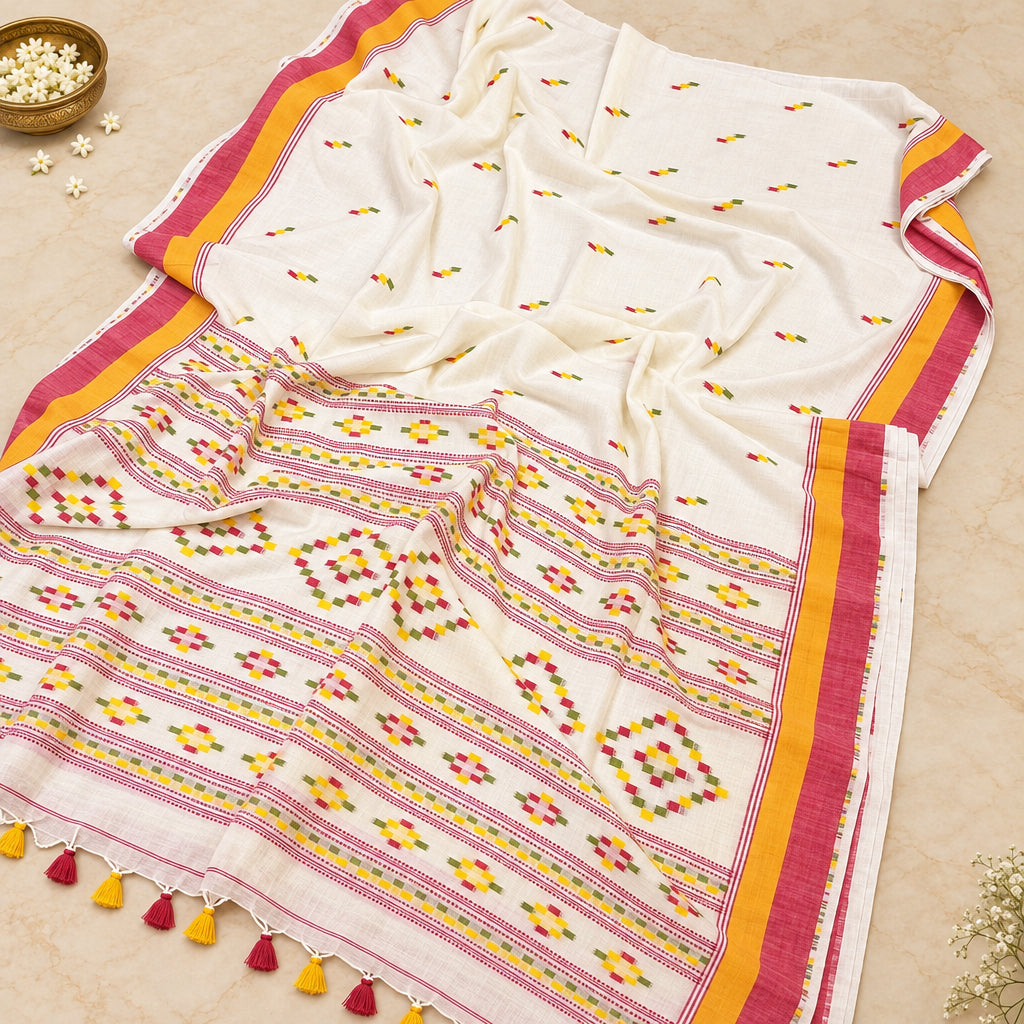 An off-white cotton saree with red and yellow geometric patterns and tassel