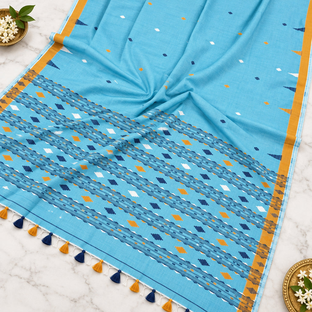 A light blue cotton saree with geometric patterns in navy, orange, and white