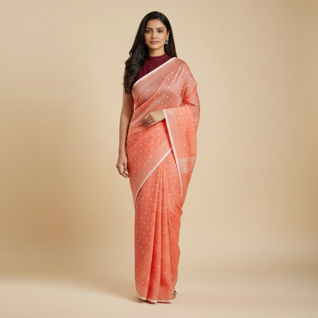 Polka Peach Mul Cotton Saree