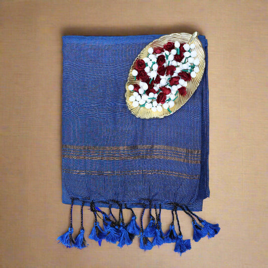 Peacock blue zari mul khadi cotton