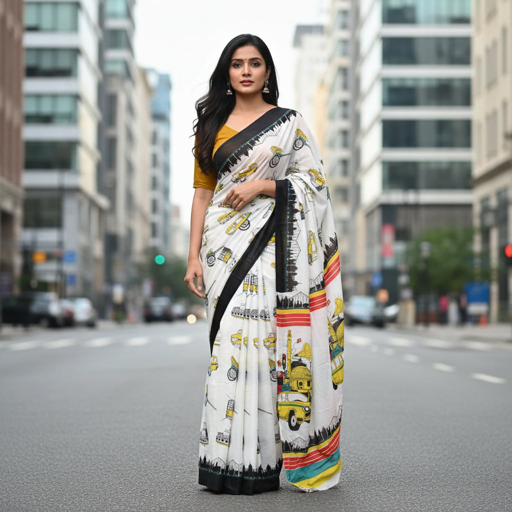 White Mul Cotton Car Print Workwear Saree