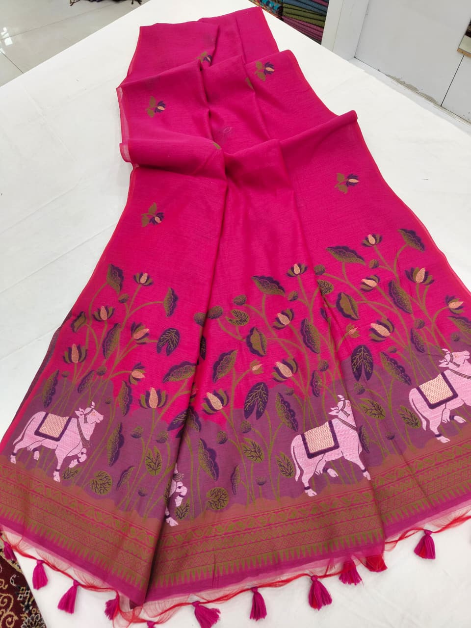 Pink Muga Cotton Silk Pichwai Workwear Saree